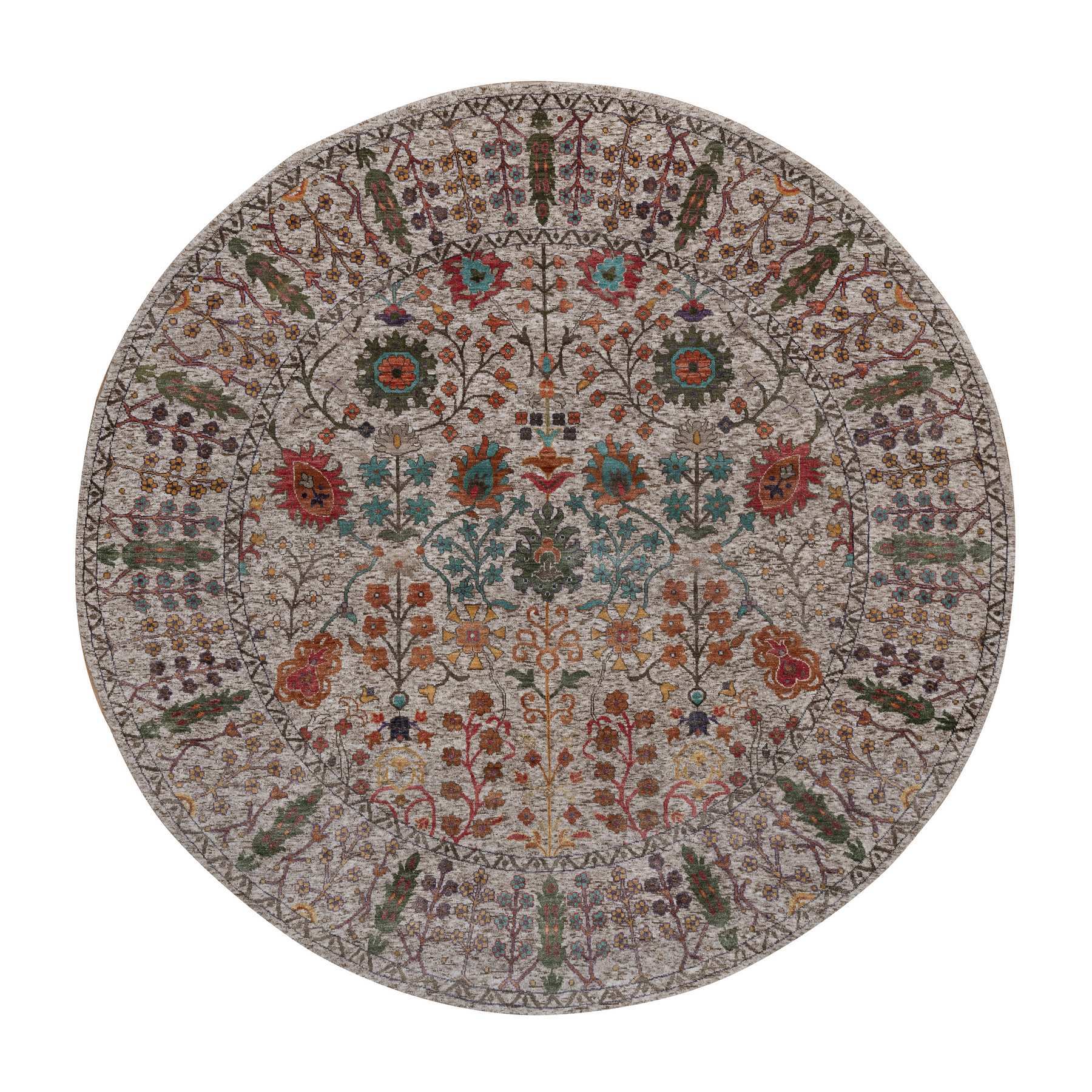 7'10"x7'10" Snow White with Brown, Directional Vase Design, Hand Knotted, Silk with Textured Wool, Round, Oriental Rug 